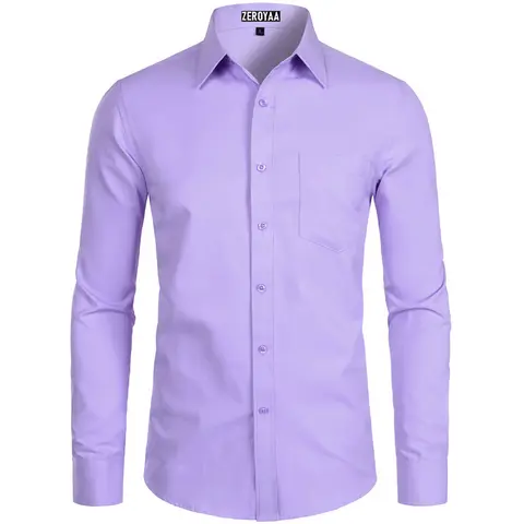 Zeroyaa Men's Thin Fitted Long Sleeve Button-Up Shirt - Solid, Patch Pocket, Slim Fit, Casual Business Work Top, Going Out New Year Party Korean Summer Menswear Top
