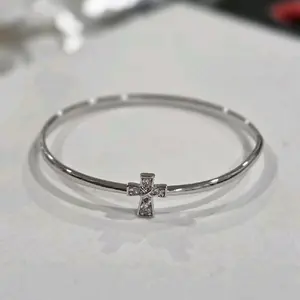 Cross Bangle - Elegant Silver Tone Bracelet with Sparkling Diamond Cross Charm for Women's Fashion