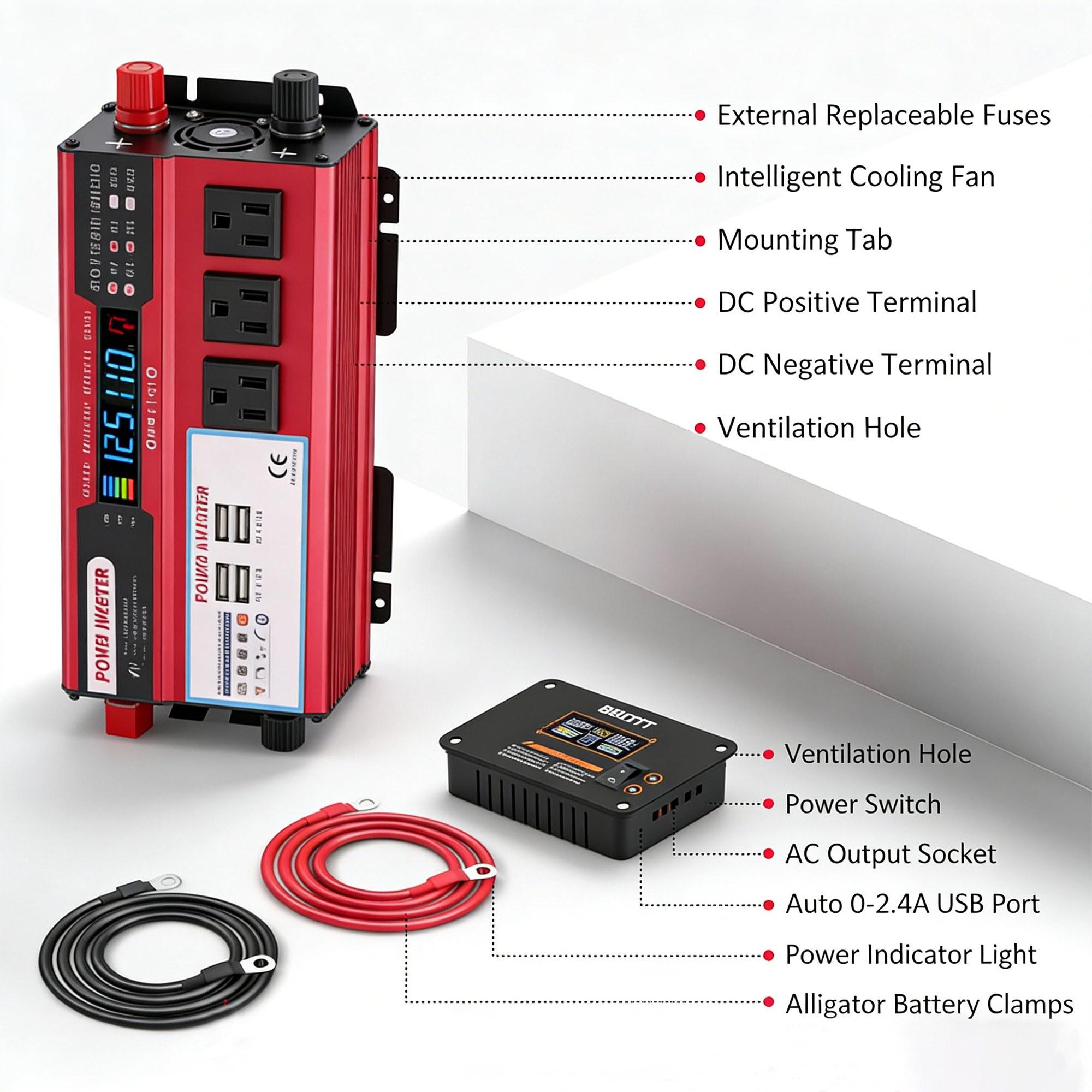 Portable Vehicle Power Converter DC 12V to 110V AC with 3 AC Sockets 4 USB Charging Ports 5000W Peak Car Inverter for Truck RV Camping Outdoor Activities Emergency Power Built-in Overload Overheat Short Circuit Protection