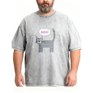 Men's Plus Size Cat "DADA!" Washed T-Shirt, Cute Pet Lover Short Sleeve Crew Neck Tee
