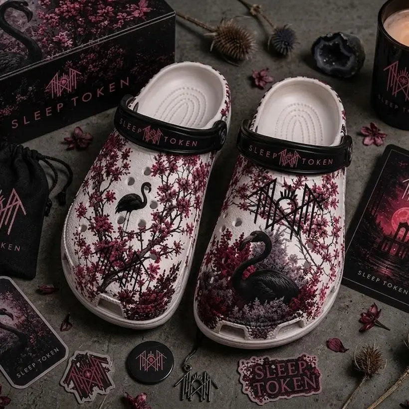 Dark Gothic Sleep Token Clogs - Black Swan Floral Graphic, Alternative Casual, Lightweight Comfort Mules & Clogs Footwear