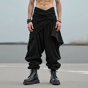 INCERUN Men's High-Waist Black Baggy All-Seasons Pleated Wrap Wide-Leg Harem Pants - Chunky Metallic Fabric, Trending Dark Aesthetic Streetwear Menswear, Baggy Pants