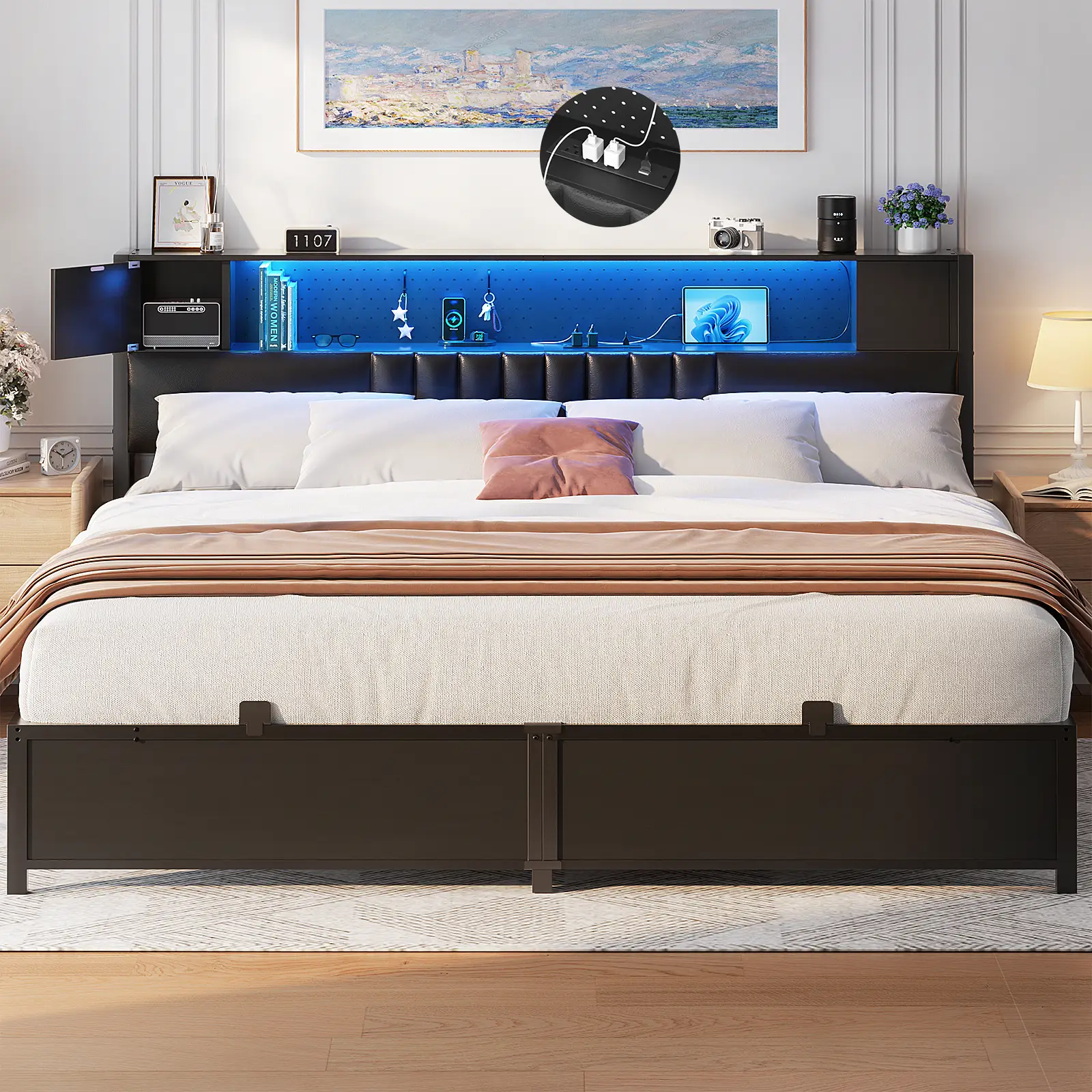 Homieasy King Size Bed Frame With LED Light and Upholstered Storage Headboard, Metal Platform Queen Size Bed Frame With Charging Station, No Box Sprin