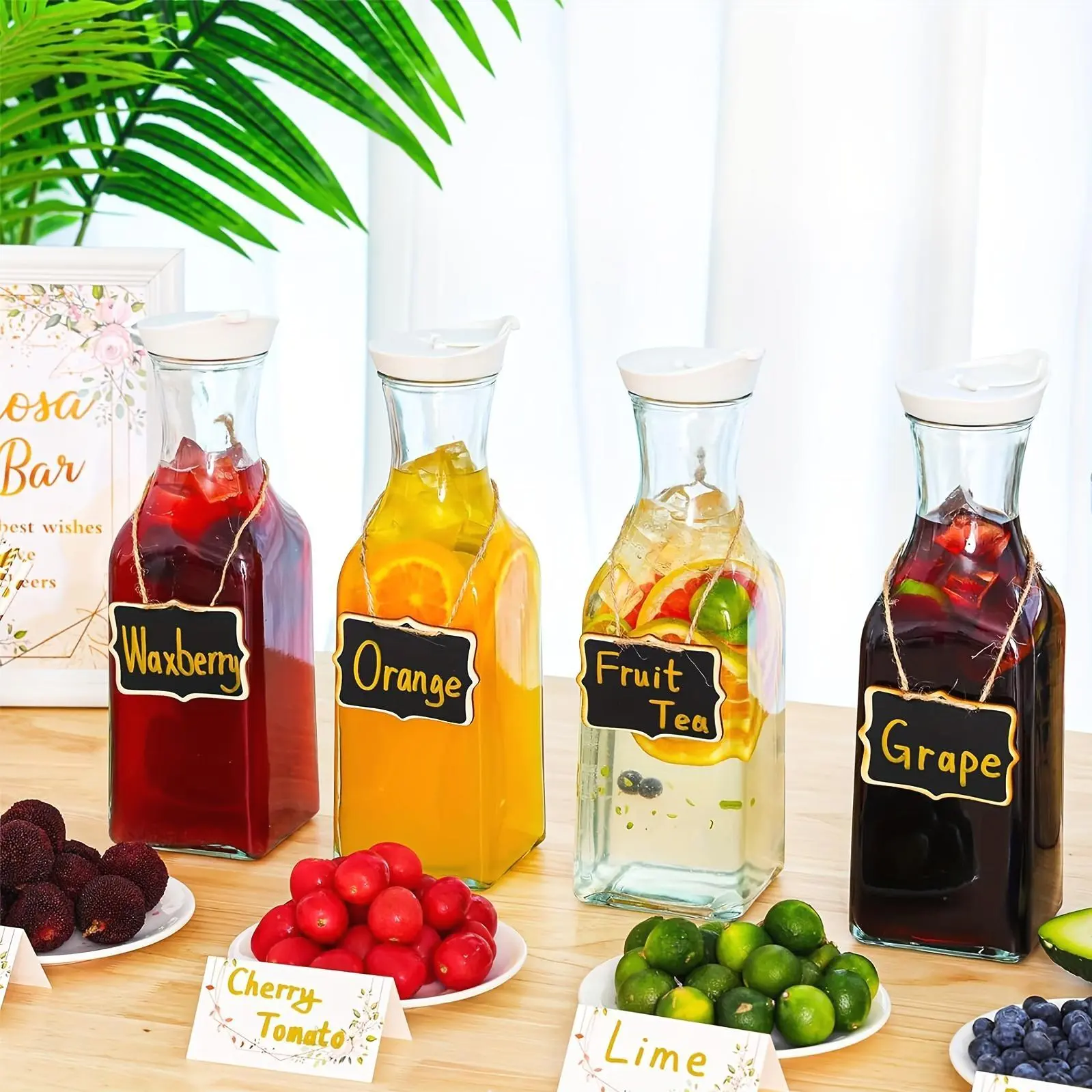 Collection of Four Glass Carafes with Lids, Each Holding 1.5 Liters, Ideal for Serving Iced Tea, Cold Drinks, Milk, And Cold Brew Coffee, Perfect for Halloween And Christmas.