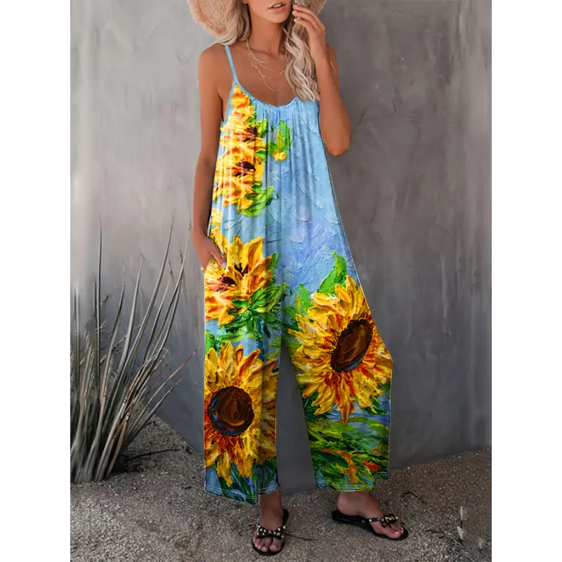 Women's Floral Vibrant Sunflower Print Bohemian Wide-Leg Overalls Clothes - Lightweight Polyester Blend Sleeveless Romper, Multi-Color, Multi-Size, With Pockets, Machine Washable for Spring/Summer Casual Outdoor Use