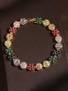 Elegant Copper Flower Petal Zircon Bracelet, Colorful Rhinestone Jewelry, Rhinestone Decorated Bracelet, Perfect for Daily Wear, Stylish Accessory for Women, Flower Design Bracelet
