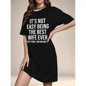 Women's Casual Sleepwear Slogan Print Short Sleeve Round Neck Nightgown Comfortable Tee Dress