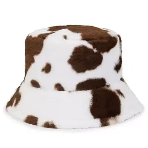 Winter Plush Bucket Hat for Women Cow Print Fuzzy Bucket Caps Casual Warm Faux Fur Fisherman Hats