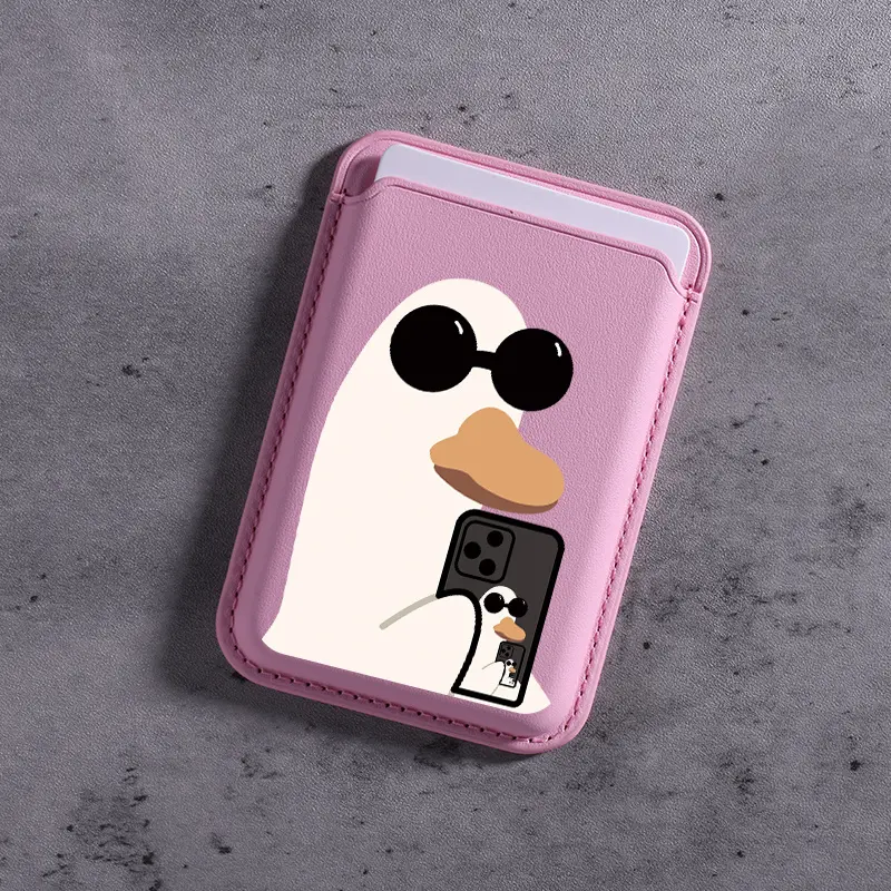 This innovative and stylish faux leather card holder features a cartoon duck design and is compatible with iPhone 12 to 16 Pro Max models. It can hold 1 to 3 credit cards or ID cards and boasts an ultra-thin protective structure., Accessories, Protector,,