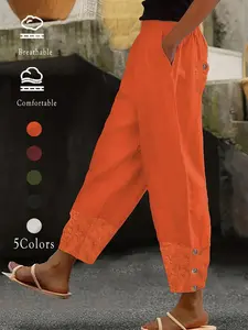 Women's Casual Style Linen Harem Pants, Breathable, Lace Details, Bright Colors, Elastic Waistband, Perfect Vacation, Multiple Sizes Available