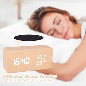 Wood Digital Alarm Clock, Led Time Display Wooden Digital Desk Clock with 6 Level Warm Brightness, Temperature, Humidity Electric Clock with US