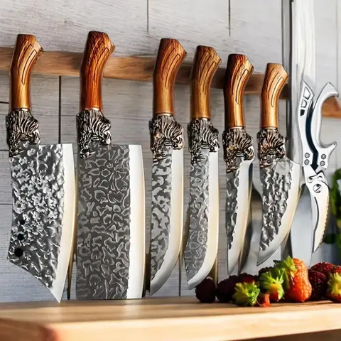 7-Piece Stainless Steel Knives Set with Universal Block - Ultra-Sharp Chef’s Blade, Non-Stick, Rust-Proof, Ergonomic Handle, Kitchenware for Everyday Use Cutting, 7-Knife Variety, Ideal for Home Cooking & Gifting