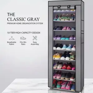 10-tier 9-compartment non-woven fabric shoe cabinet, grey rack organizer，stackable shoe rack, vertical slim style, dustproof, portable closet, metal material, large capacity, space-saving, convenient and practical closet storage organizer wardrobe