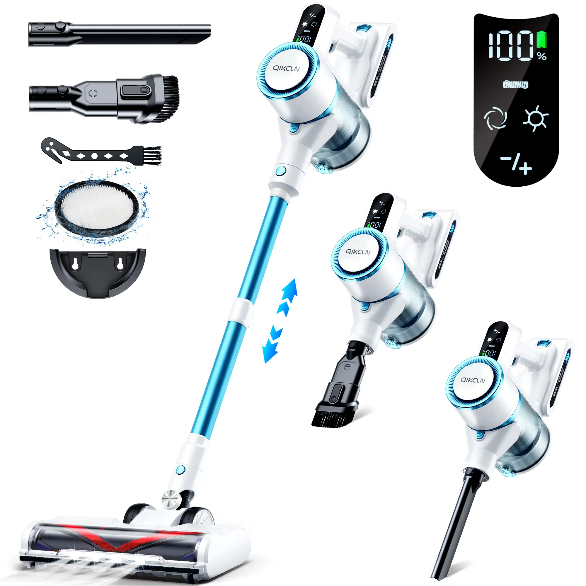 Qikcln VC01/VC02 Cordless Vacuum Cleaner with 20Kpa Power & LED Display for Carpet & Hard Floor