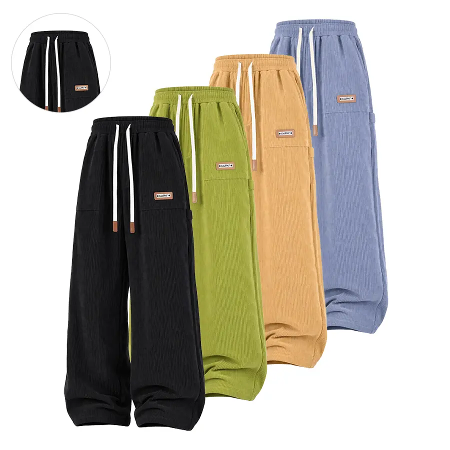 Men’s retro corduroy loose wide-leg pants with an elastic waistband and drawstring design, stylish casual wear for everyday outfits.