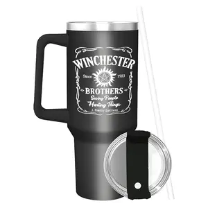 Winchester Brothers Supernatural Design 40oz Vacuum Insulated Cup, Large Insulated Cup with Straw, Lid, and Handle, Stainless Steel Water Bottle, Reusable Drinking Cup, High-Quality Water Bottle, Fashionable Portable Drinking Cup for Office and Travel