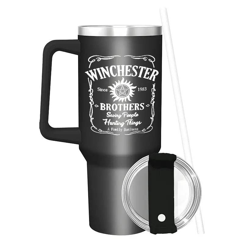 Winchester Brothers Supernatural Design 40oz Vacuum Insulated Cup, Insulated Travel Drinkware, Insulated Cup with Straw, Lid, and Handle, Stainless Steel Water Bottle, Flasks, Reusable Portable Drinking Cup for Office and Travel