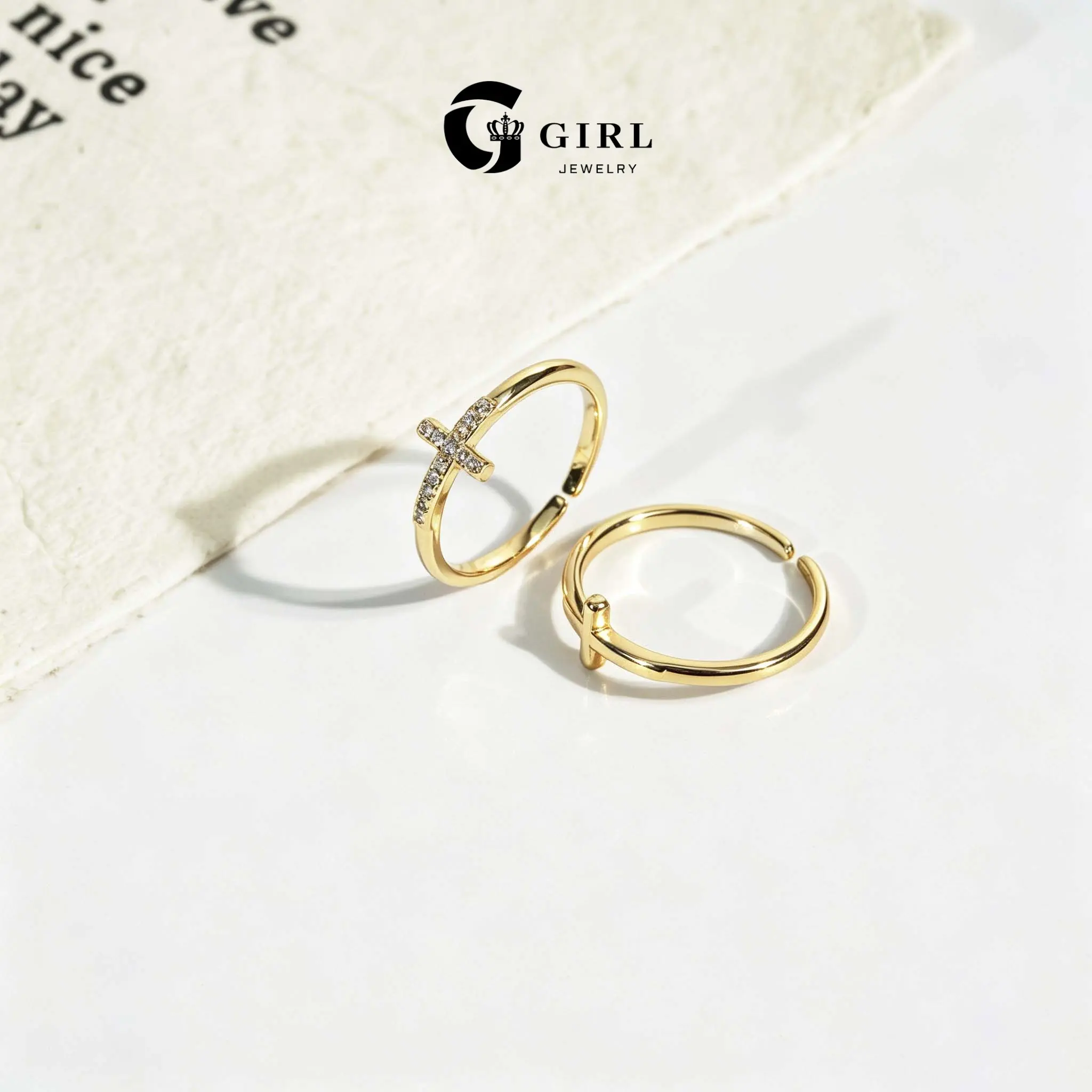GGIRL 2Pcs Adjustable Open CZ Cross Ring Set for Women Girls,Sparkling Dainty Stackable Thin Band Glossy Cross Finger Rings,Durable 18K Gold Plated Minimalist Statement Jewelr ,Nice Daily Party Easter Accessory With Exquisite Box,Perfect Gift for Her