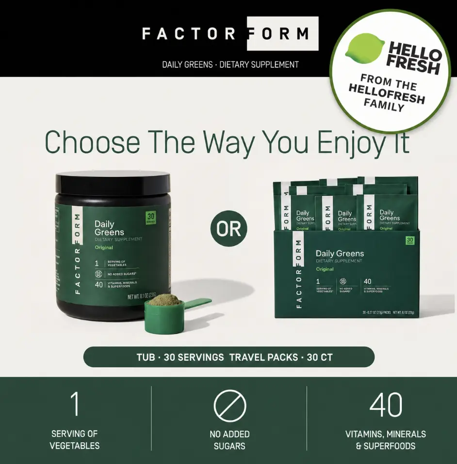 Factor Form Daily Greens Original Dietary Supplement - 2B CFU Probiotics for Gut Health, 40 Vitamins & Minerals, Superfoods for Optimal Absorption, Smooth & Nutrient-Dense