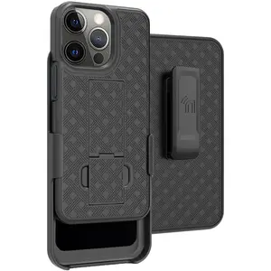 Case with Clip for iPhone 13 Pro Max, Nakedcellphone Slim Hard Shell Phone Cover with Kickstand and [Rotating/Ratchet] Belt Hip Holster Combination - Black Tread
