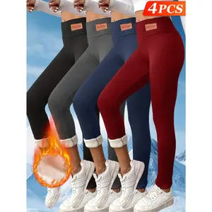 4pcs Cozy Women Plush Lined Thermal Leggings-Fashionable Casual Style, Stretchy Skinny Fit for Ultimate Winter Warmth and All-Day Comfort