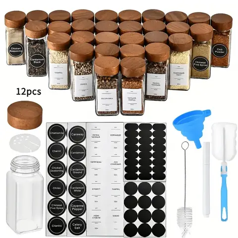 12-Pack 4Oz Acacia Wood Square Spice Jar Set with Glass Condiment Containers and Wooden Lids for Home Organization, Kitchen Storage, Seasoning Jars Containers, Spices Containers, Home Organizers