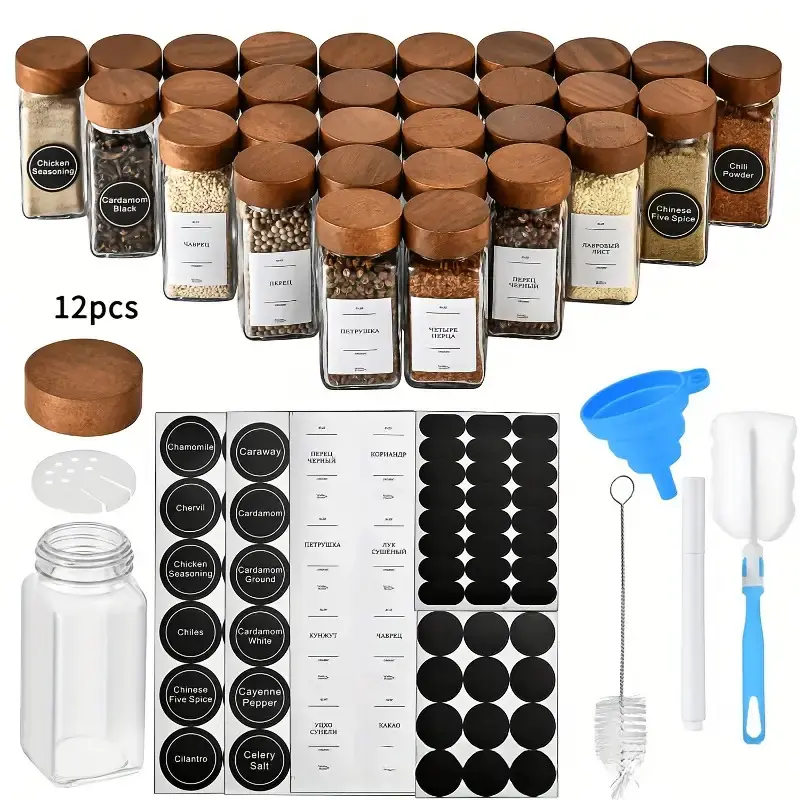 12-Pack 4Oz Acacia Wood Square Spice Jar Set with Glass Condiment Containers and Wooden Lids for Home Organization, Kitchen Storage, and Food Supply, Food Storage Organizer, Seasoning Jars Containers, Kitchen Seasoning Bottle, Home Organizers