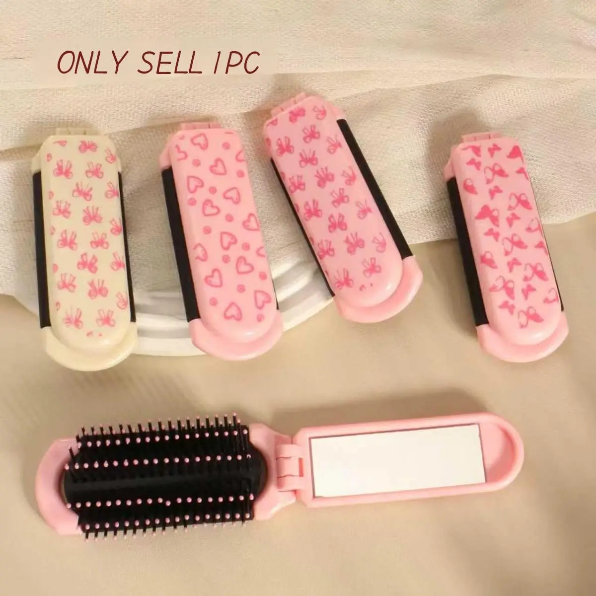 1pc Foldable Comb with Small Mirror, Butterfly Heart Design, Compact and Portable, Ideal for Travel, Single Item Hair Brush & Comb, Comb Type: Folding, Hair Styling Tools, Hair Combs
