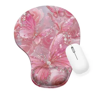 Dreamy Pink Roses & Iridescent Butterfly Silicone Wrist Rest Mouse Pad - 8.98*7.56inch - Romantic Office Home Computer Pad, Perfect Gift with Shimmering Crystal & Gold Accents, Whimsical Elegant Design