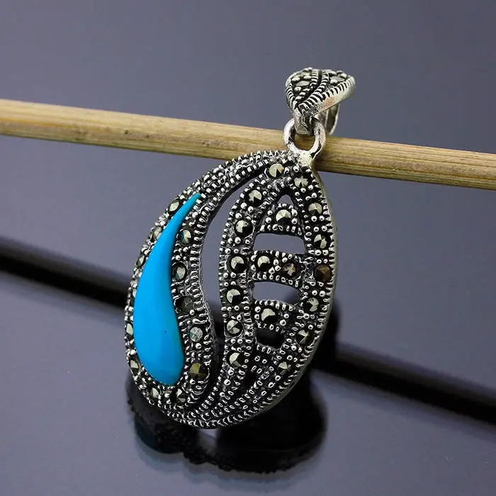 Vintage Marcasite Turquoise Pendant Necklace - 925 Sterling Silver Jewelry