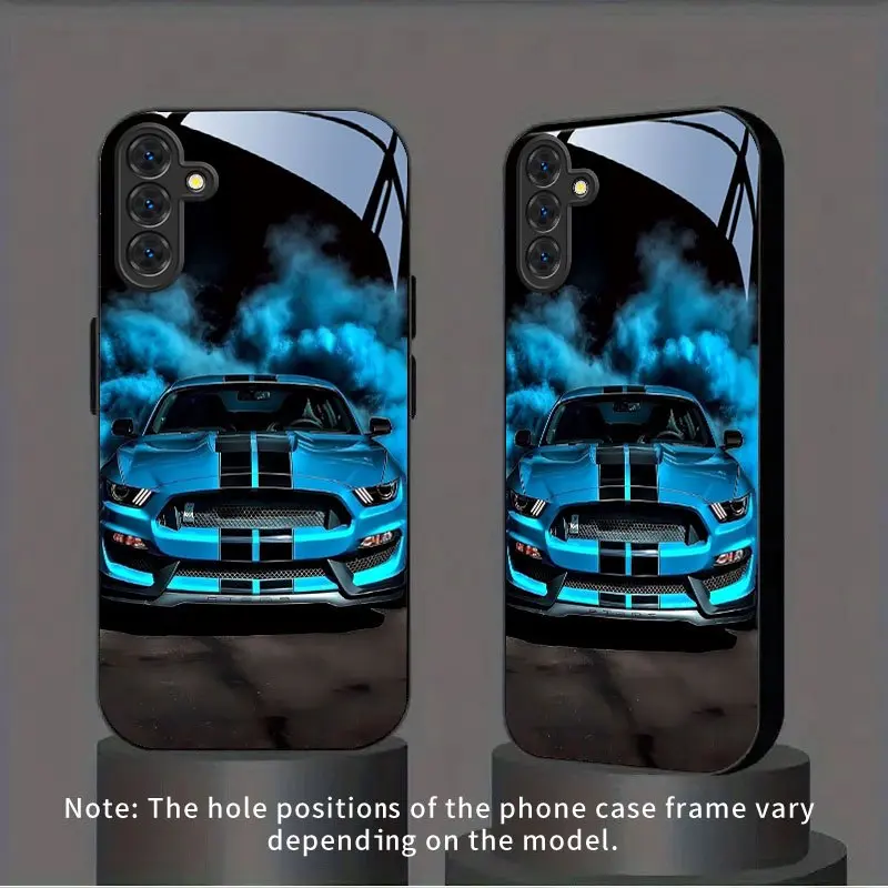 Blue Sports Car Pattern Tempered Glass Black Phone Case with Screen Protector - New Handheld Protection for Samsung Galaxy S26 S25 S24 S23 S22Pro S21 S20 Fe Plus Ultra Pro A56 A55 A54 A53 A52 A51 A36 A35 A34 A32 A26 A25 A24 A23 A16 A15 A14 A06 A05 A03s, G