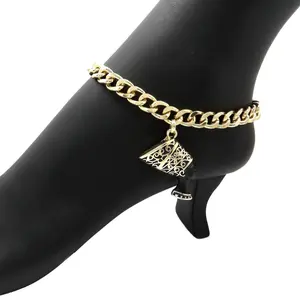 MaxBling81 Female Egyptian Queen Nefertiti Charm Chunky Cuban Anklet - 9mm Gold Metal Coating Cuban Links Chain, Polished Finish, Multiple Lengths (10in,11in,12in) Daily Fashion Costume Jewelry Accessory
