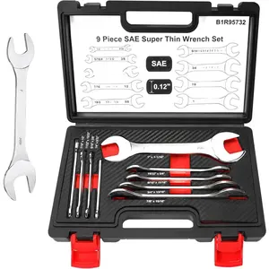 Super-Thin Wrench Set, 9 count SAE Open End Wrench Set, Including 1/4, 9/32, 5/16, 3/8, 11/32, 13/32, 7/16, 1/2,19/32, 5/8, 9/16, 11/16, 3/4, 13/16, 7/8, 15/16, 1, 1-1/16, with Storage Box