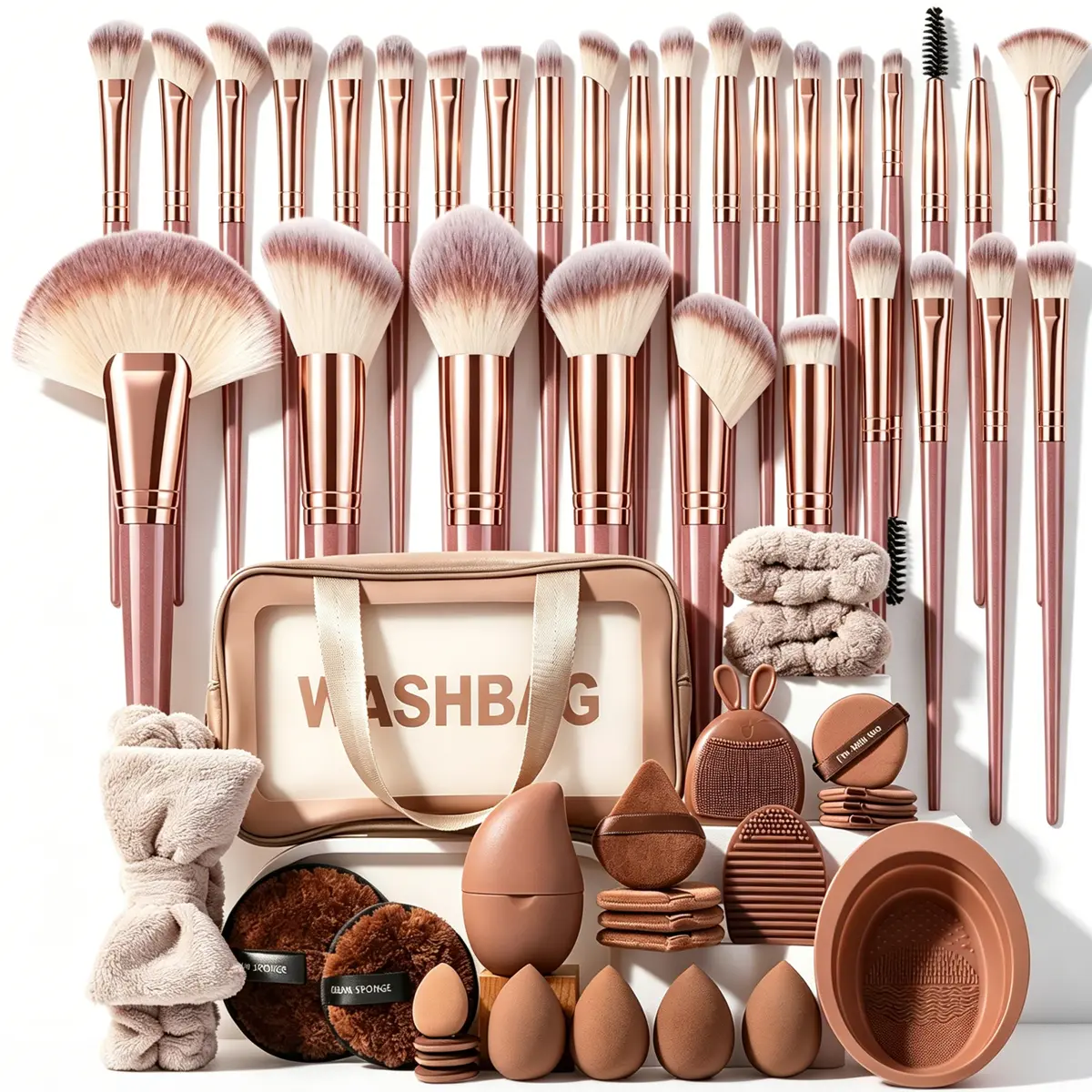 All-in-One 65-Piece Makeup Brush Set with Storage Bag, Beauty Sponges, Triangle & Mini Air Cushion Powder Puffs, Hair Tie, Facial Cleansing Sponges, Silicone Brush Cleaning Bowl & Pad, Silicone Facial Tool, Ice Compress, Complete Travel Kit for Daily Use