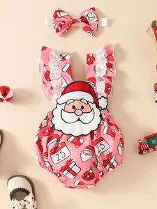 Baby Girl Cartoon Cookie Man Santa Print Halter Triangle Sleepsuit Set with Headscarf, Cute Christmas Pajamas for Infants