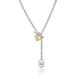Aprilery Two-Tone Heart Charm Necklace for Women, Stylish Mixed Metal Curb Chain with Dual Heart Pendants, Unique OT Toggle Clasp Design, Fashion Chunky Link Statement Jewelry for Daily Wear and Anniversary Gift