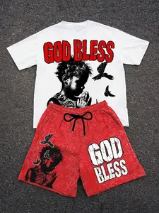 Men's Street Style American Cool Pigeon Boy Graphic Letter Print Short Sleeve T-Shirt, Vintage Retro Snowflake Design Shorts, Comfortable Summer