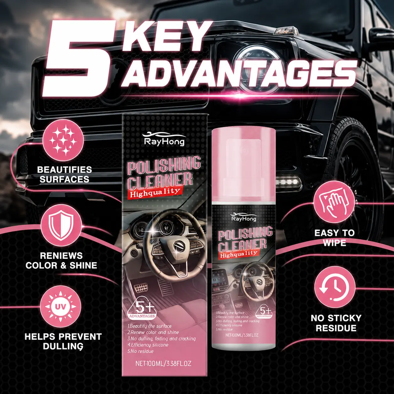 Quick Interior Detail Cleaner Spray Bottle - Polished Coated, Anti-Aging, UV Protection Degreaser, Car Cleaning Supplies with Dashboard Leather Cleaner