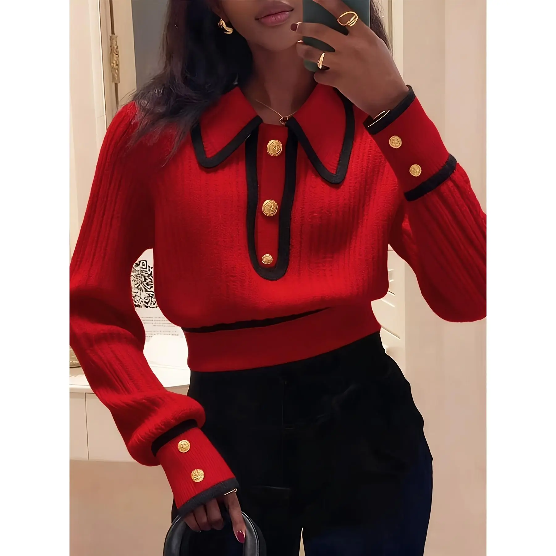 Colorblock Lapel Sweater for Women, Elegant Viscose Knit Pullover with Metal Buttons, Comfortable and Warm for Fall and Winter, Fabric, Tops, Comfortable Warm Design