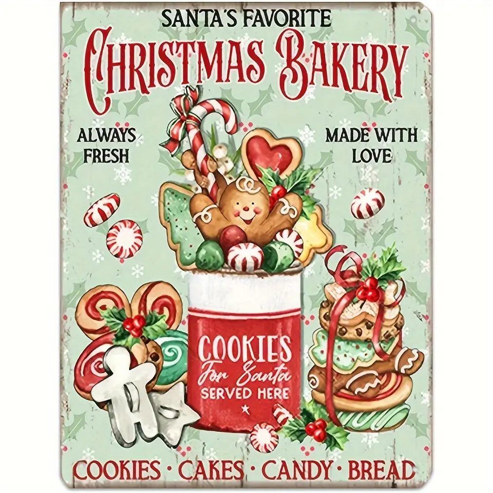 8x12 in Holiday Bakery Theme Metal Wall Art Sign - Santa, Gingerbread, Cookies, Candy Cane Design for Home & Cafe Festive Decorations, Rectangle Christmas Decor, Home & Cafe Decorations