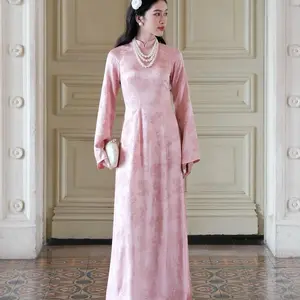 Elegant Pink Ao Dai Dress for Women - Traditional Vietnamese Long Dress with Long Sleeves and Classic Design