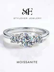 1 Pc Elegant Three Stone Copper Ring with 1.0ct Synthetic Moissanite for Women Engagement Wedding Fine Jewelry