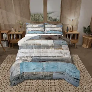 Feelyou Distressed Patchwork Wooden Stripe Duvet Set - Western Farmhouse Style, Blue Grey Old Barn Door Design, Multi-Size, Soft Microfiber, U-Stitching, Lightweight Blanket, Travel-Ready Bedding Decor for Kids