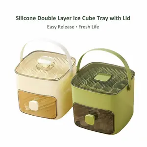 Silicone Double Layer Ice Cube Tray with Lid, Easy Release Ice Cube Mold, Food Grade Ice Maker Container for Camping, Outdoor Picnic & Home Use