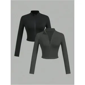 Women's Solid Color Half Zip Up Crop Top & Thumb Hole Design Long Sleeve Crop Jacket, Casual Fashion Cozy Two-piece Outfits for Daily Outdoor Wear, Women Clothes for Spring & Fall