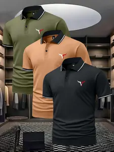 3 Packets Men's Summer Bull Head Pattern Short Sleeve Buttoned Polo Shirt with Lapel Retro Beach Vacation Casual Sports Outing Top Commuting Work Golf Gift for Boyfriend or Husband