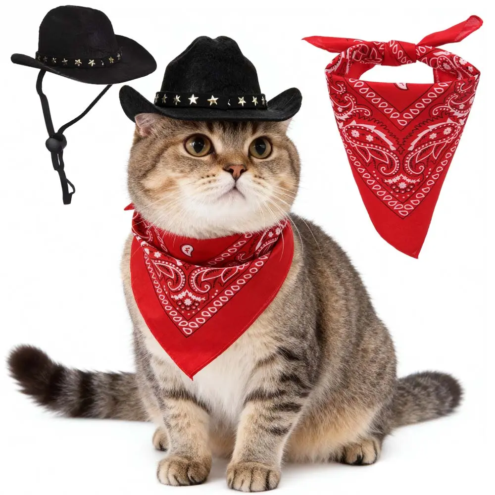 1 Set Pet Cowboy Accessory Set - Red Bandana & Black Cowboy Hat for Dogs/Cats Costume, Western Parties & Photo Props