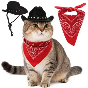 1 Set Pet Cowboy Accessory Set - Red Bandana & Black Cowboy Hat for Dogs/Cats Costume, Western Parties & Photo Props