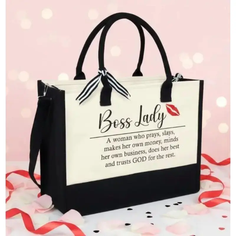 Women's 13oz Boss Lady Zipper Tote Shoulder Bag - Office Work, Business Use, Everyday Bags, Thank You Holiday Christmas Gift for Team Manager, Tote Shoulder Bags