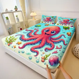 3PcsVibrant Cartoon Underwater Octopus Fitted Sheet Set, Whimsical Sea Creatures Bedding Set, Colorful Kids' Bedding with Bubbles & Coral, Perfect for Bedroom Decor (Single/Full Size), Includes 2 Pillowcases, No Pillow Core